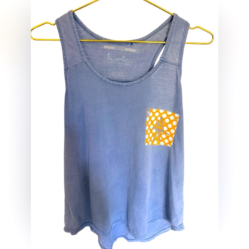 Sundry Women's Blue Pocket Tank with Yellow Polka Dot Accent